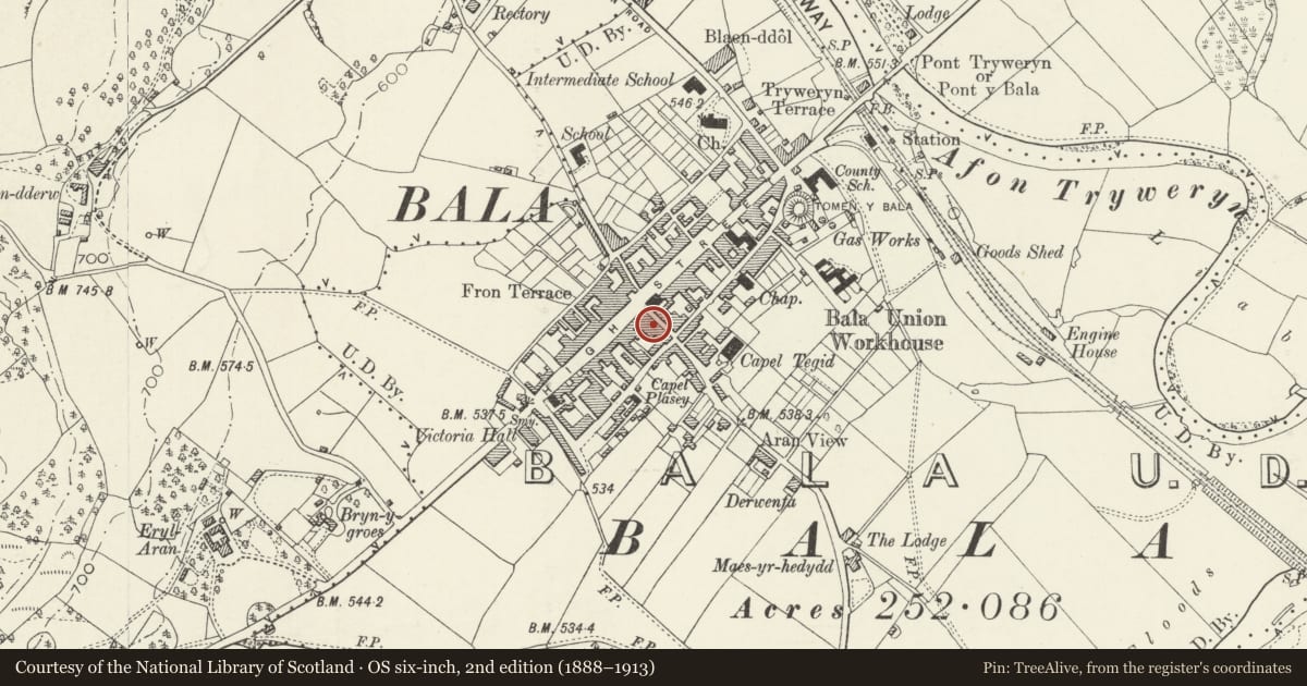 Ordnance Survey six-inch map, 2nd edition (1888–1913) covering the location of Y Siop Fach, Bala, Gwynedd, with a pin at the register's coordinates