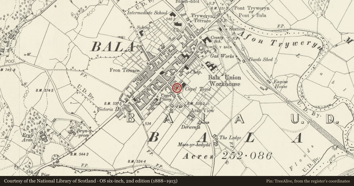 Ordnance Survey six-inch map, 2nd edition (1888–1913) covering the location of 34 Tegid Street, Bala, Gwynedd, with a pin at the register's coordinates