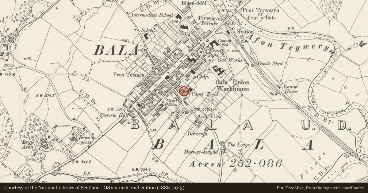 Ordnance Survey six-inch map, 2nd edition (1888–1913) covering the location of 38 Tegid Street, Bala, Gwynedd, with a pin at the register's coordinates