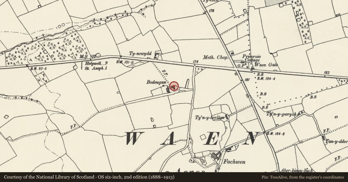 Ordnance Survey six-inch map, 2nd edition (1888–1913) covering the location of Bodeugan Outbuildings, Waen, Denbighshire, with a pin at the register's coordinates