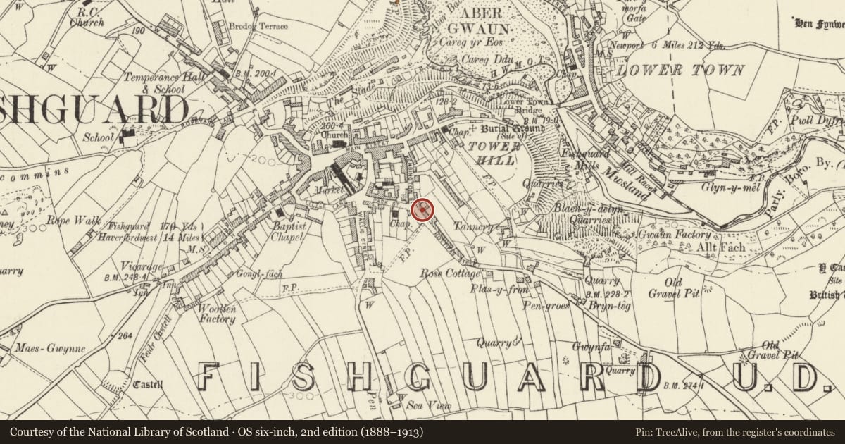 Ordnance Survey six-inch map, 2nd edition (1888–1913) covering the location of 3 Hottipass Street, Fishguard and Goodwick, Pembrokeshire, with a pin at the register's coordinates