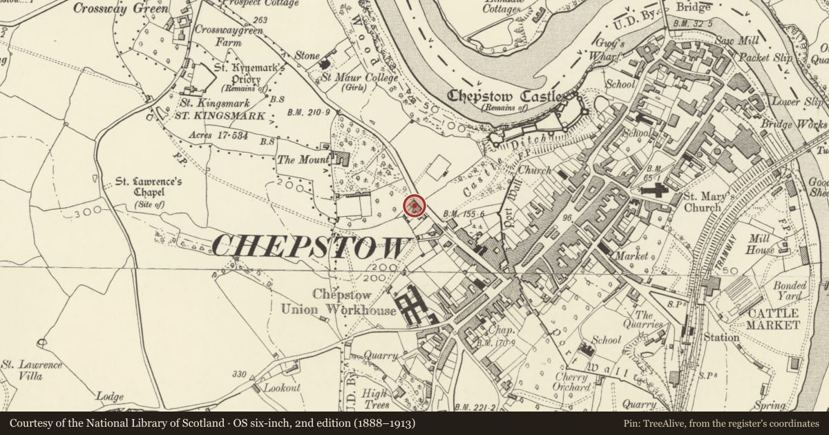 Ordnance Survey six-inch map, 2nd edition (1888–1913) covering the location of The Moat House including forecourt railings, Chepstow, Monmouthshire, with a pin at the register's coordinates