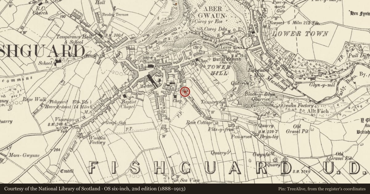Ordnance Survey six-inch map, 2nd edition (1888–1913) covering the location of Emscote, Fishguard and Goodwick, Pembrokeshire, with a pin at the register's coordinates
