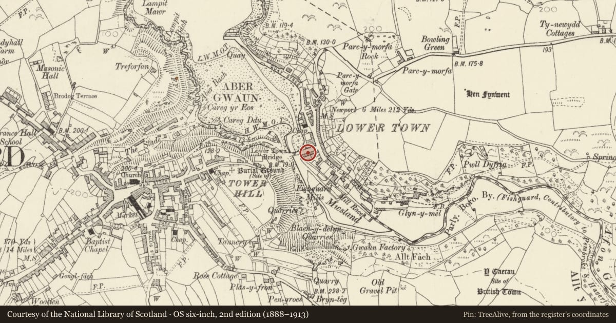 Ordnance Survey six-inch map, 2nd edition (1888–1913) covering the location of 4 Bridge Street, Fishguard and Goodwick, Pembrokeshire, with a pin at the register's coordinates