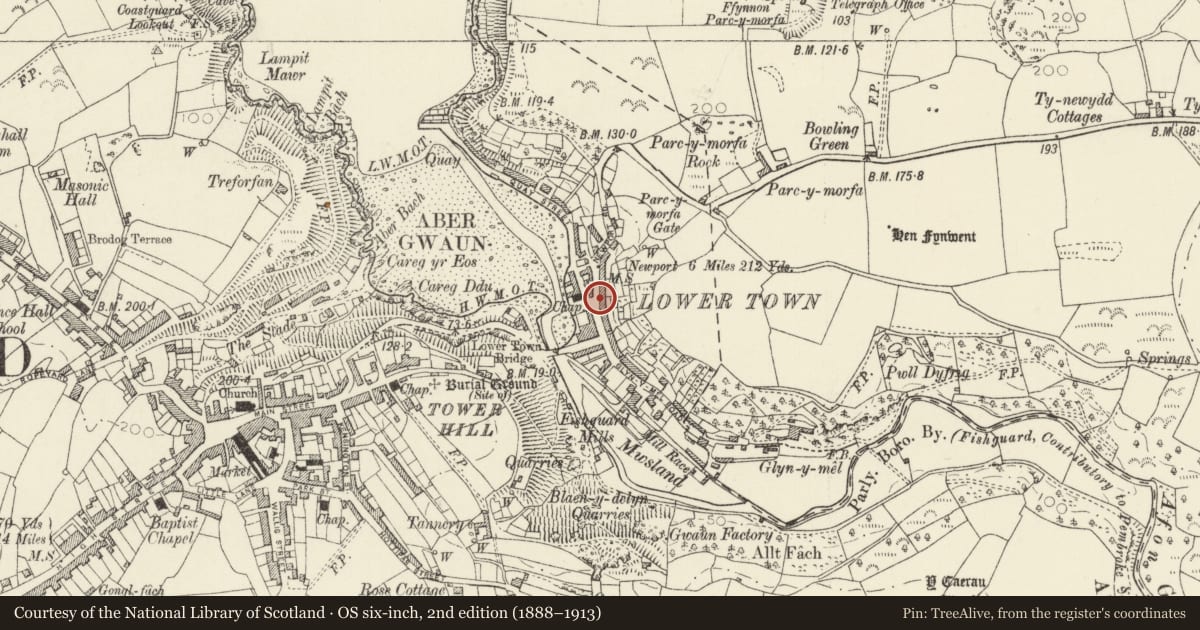 Ordnance Survey six-inch map, 2nd edition (1888–1913) covering the location of 9 Newport Road, Fishguard and Goodwick, Pembrokeshire, with a pin at the register's coordinates