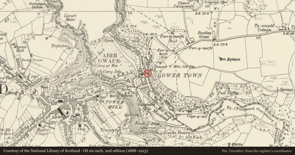 Ordnance Survey six-inch map, 2nd edition (1888–1913) covering the location of Justin Cottage, Fishguard and Goodwick, Pembrokeshire, with a pin at the register's coordinates