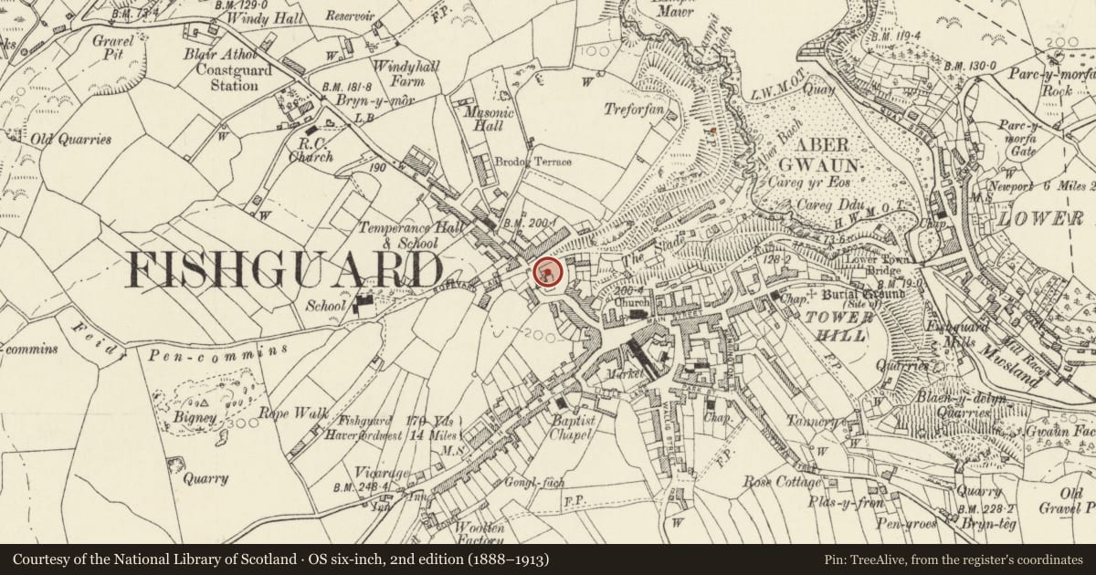 Ordnance Survey six-inch map, 2nd edition (1888–1913) covering the location of 2 The Slade, including front garden walls & gates, Fishguard and Goodwick, Pembrokeshire, with a pin at the register's coordinates