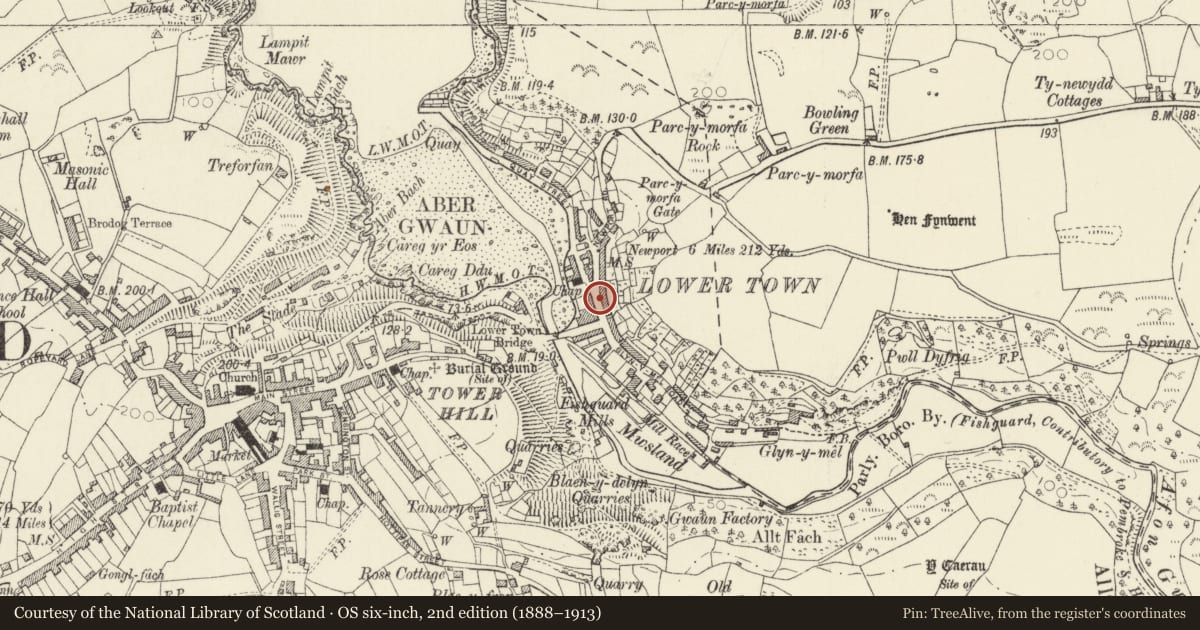 Ordnance Survey six-inch map, 2nd edition (1888–1913) covering the location of 5 Newport Road, Fishguard and Goodwick, Pembrokeshire, with a pin at the register's coordinates