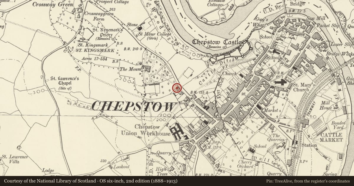 Ordnance Survey six-inch map, 2nd edition (1888–1913) covering the location of Meridale including forecourt railings and gate, Chepstow, Monmouthshire, with a pin at the register's coordinates