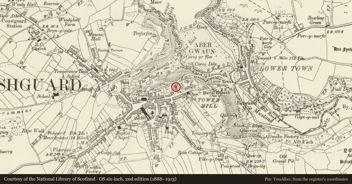 Ordnance Survey six-inch map, 2nd edition (1888–1913) covering the location of Moonstone, Fishguard and Goodwick, Pembrokeshire, with a pin at the register's coordinates