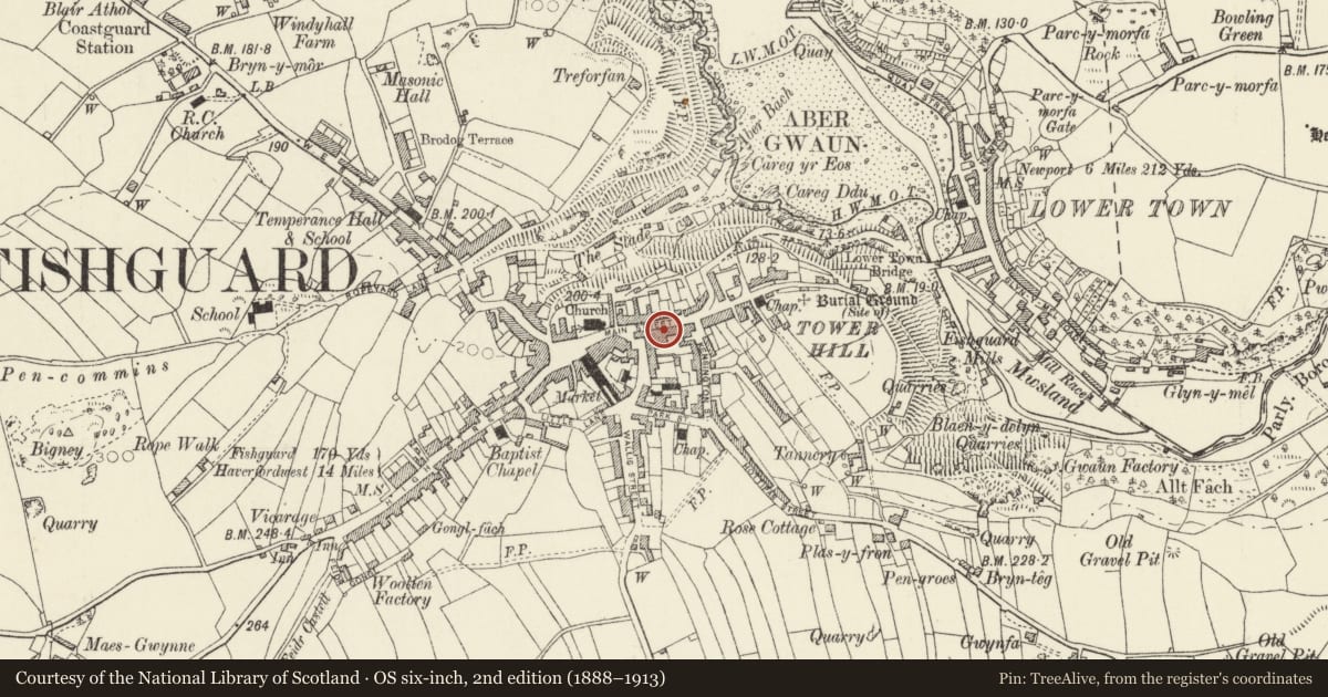 Ordnance Survey six-inch map, 2nd edition (1888–1913) covering the location of The Fishguard Arms, Fishguard and Goodwick, Pembrokeshire, with a pin at the register's coordinates