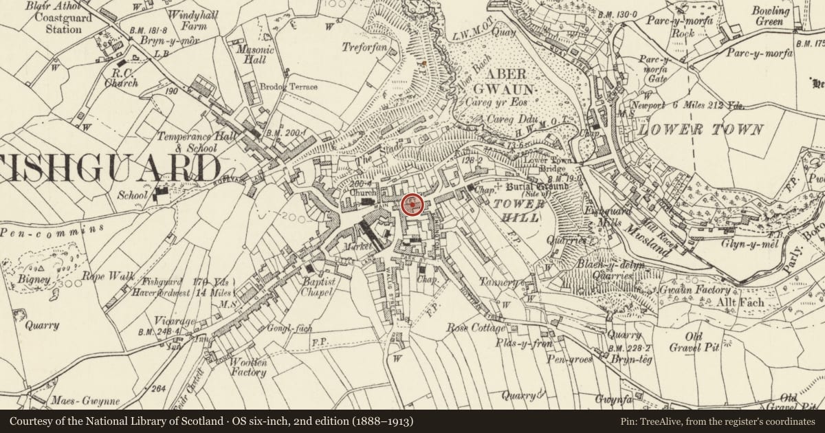 Ordnance Survey six-inch map, 2nd edition (1888–1913) covering the location of 26 Main Street, Fishguard and Goodwick, Pembrokeshire, with a pin at the register's coordinates