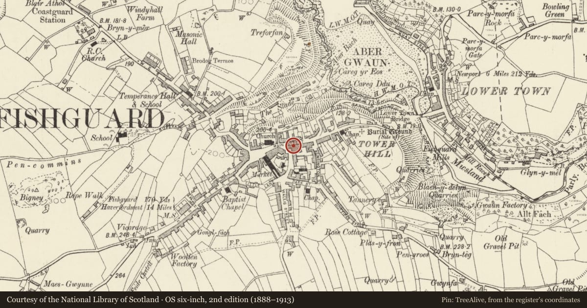 Ordnance Survey six-inch map, 2nd edition (1888–1913) covering the location of 18 Main Street, Fishguard and Goodwick, Pembrokeshire, with a pin at the register's coordinates