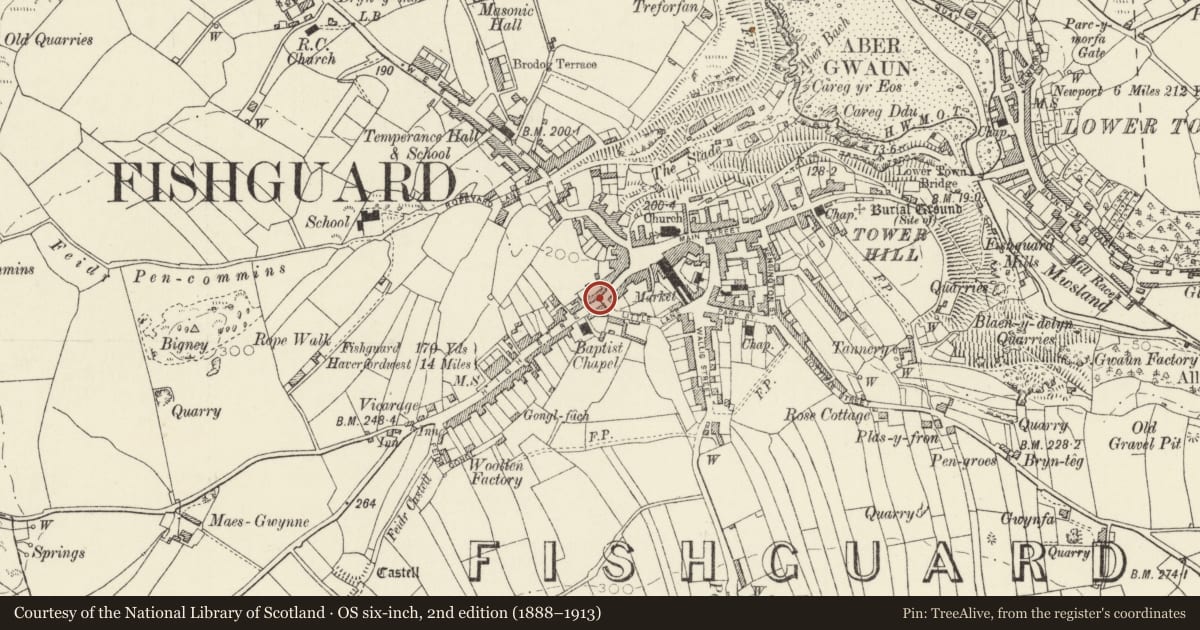 Ordnance Survey six-inch map, 2nd edition (1888–1913) covering the location of 16 High Street, Fishguard and Goodwick, Pembrokeshire, with a pin at the register's coordinates