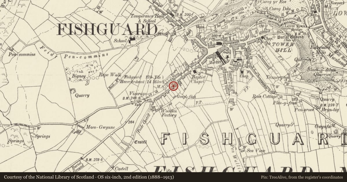 Ordnance Survey six-inch map, 2nd edition (1888–1913) covering the location of Llys-Teg, Fishguard and Goodwick, Pembrokeshire, with a pin at the register's coordinates