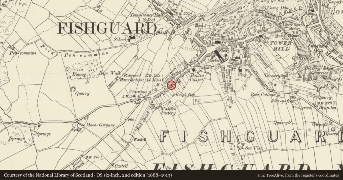 Ordnance Survey six-inch map, 2nd edition (1888–1913) covering the location of 47 High Street, Fishguard and Goodwick, Pembrokeshire, with a pin at the register's coordinates