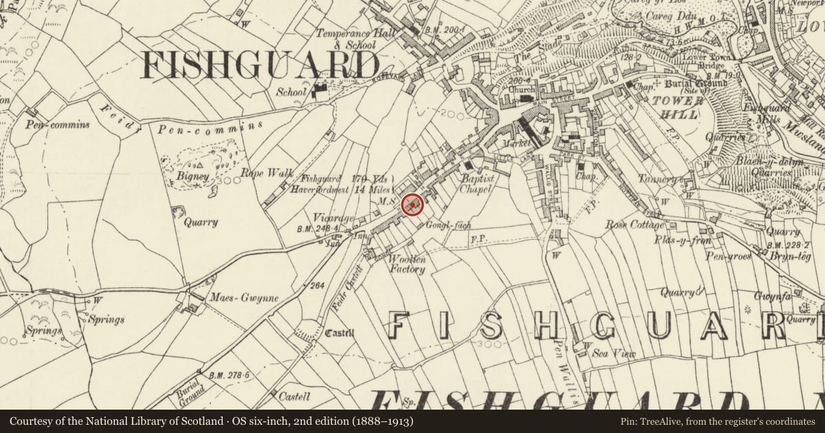 Ordnance Survey six-inch map, 2nd edition (1888–1913) covering the location of Old Pump House, Fishguard and Goodwick, Pembrokeshire, with a pin at the register's coordinates
