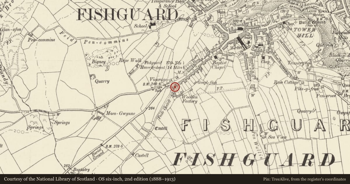 Ordnance Survey six-inch map, 2nd edition (1888–1913) covering the location of 79 High Street, Fishguard and Goodwick, Pembrokeshire, with a pin at the register's coordinates