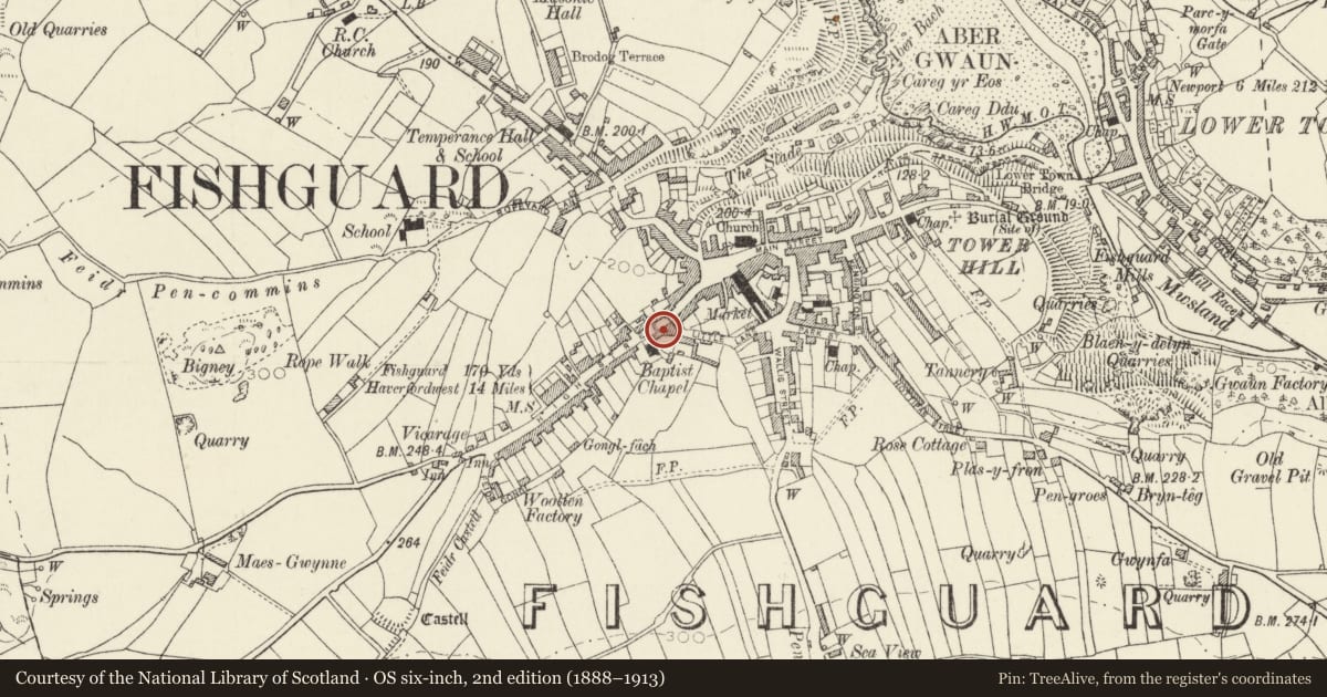 Ordnance Survey six-inch map, 2nd edition (1888–1913) covering the location of 21a High Street, Fishguard and Goodwick, Pembrokeshire, with a pin at the register's coordinates