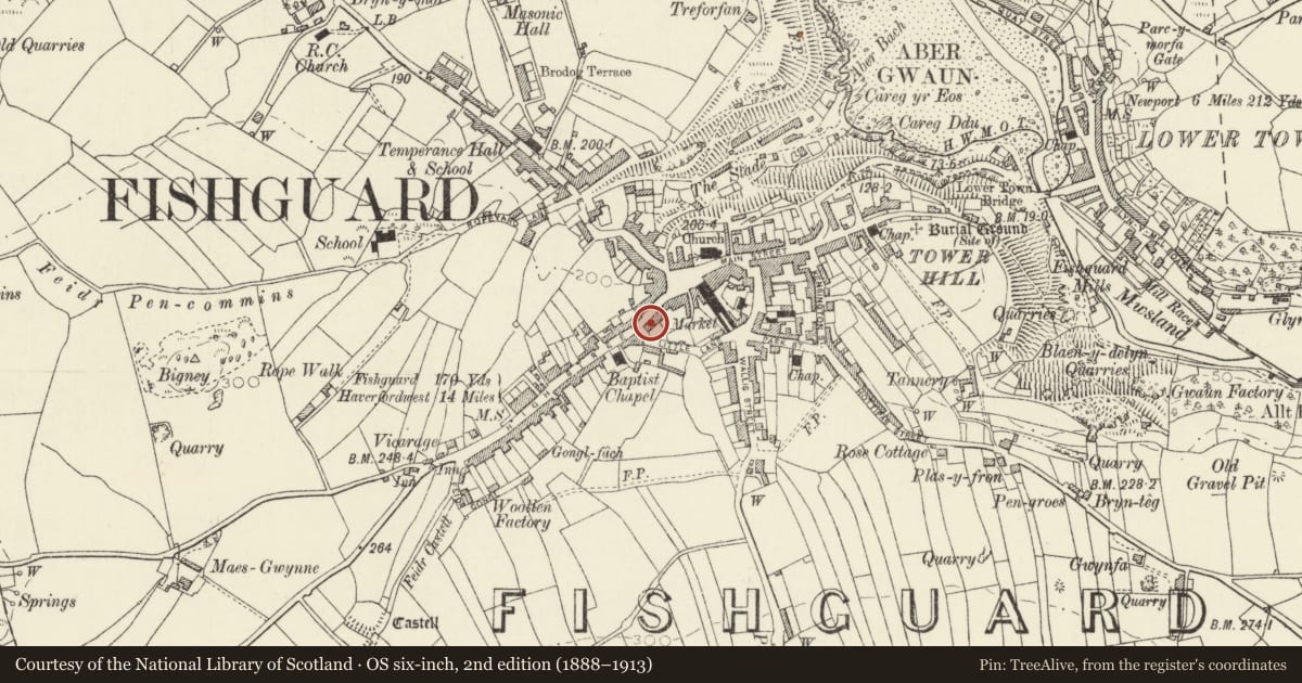 Ordnance Survey six-inch map, 2nd edition (1888–1913) covering the location of 11a High Street, Fishguard and Goodwick, Pembrokeshire, with a pin at the register's coordinates