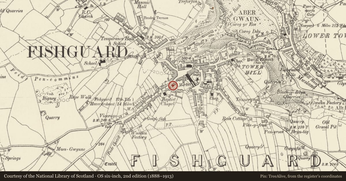 Ordnance Survey six-inch map, 2nd edition (1888–1913) covering the location of 13 High Street, Fishguard and Goodwick, Pembrokeshire, with a pin at the register's coordinates