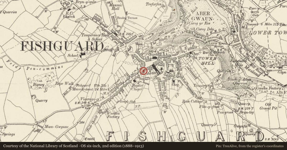 Ordnance Survey six-inch map, 2nd edition (1888–1913) covering the location of 7 High Street, Fishguard and Goodwick, Pembrokeshire, with a pin at the register's coordinates