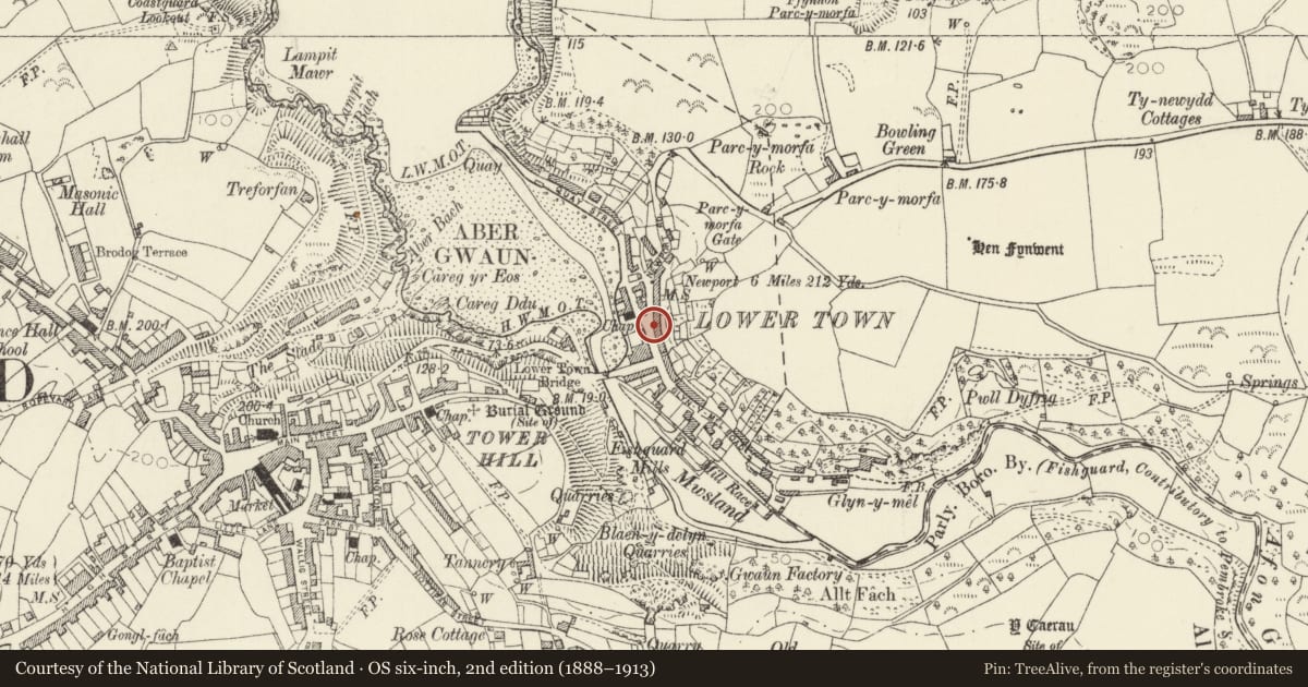 Ordnance Survey six-inch map, 2nd edition (1888–1913) covering the location of 7 Newport Road, Fishguard and Goodwick, Pembrokeshire, with a pin at the register's coordinates