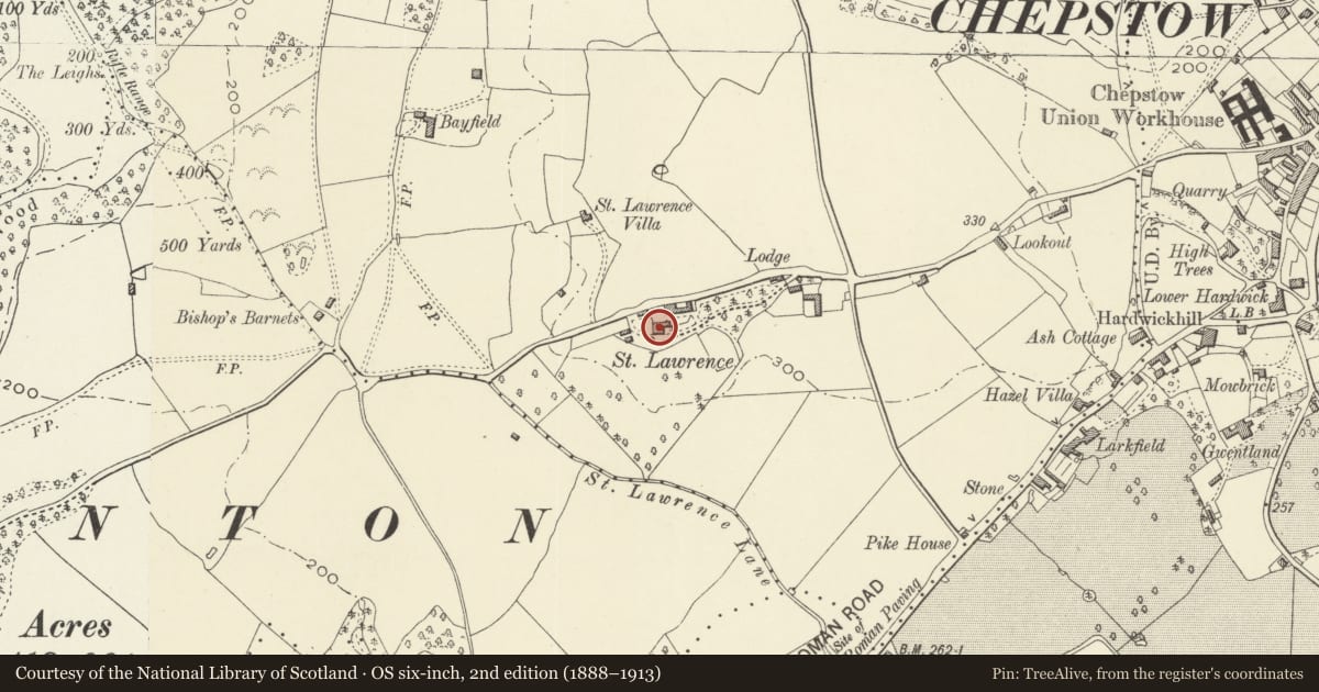 Ordnance Survey six-inch map, 2nd edition (1888–1913) covering the location of St Lawrence House, Chepstow, Monmouthshire, with a pin at the register's coordinates