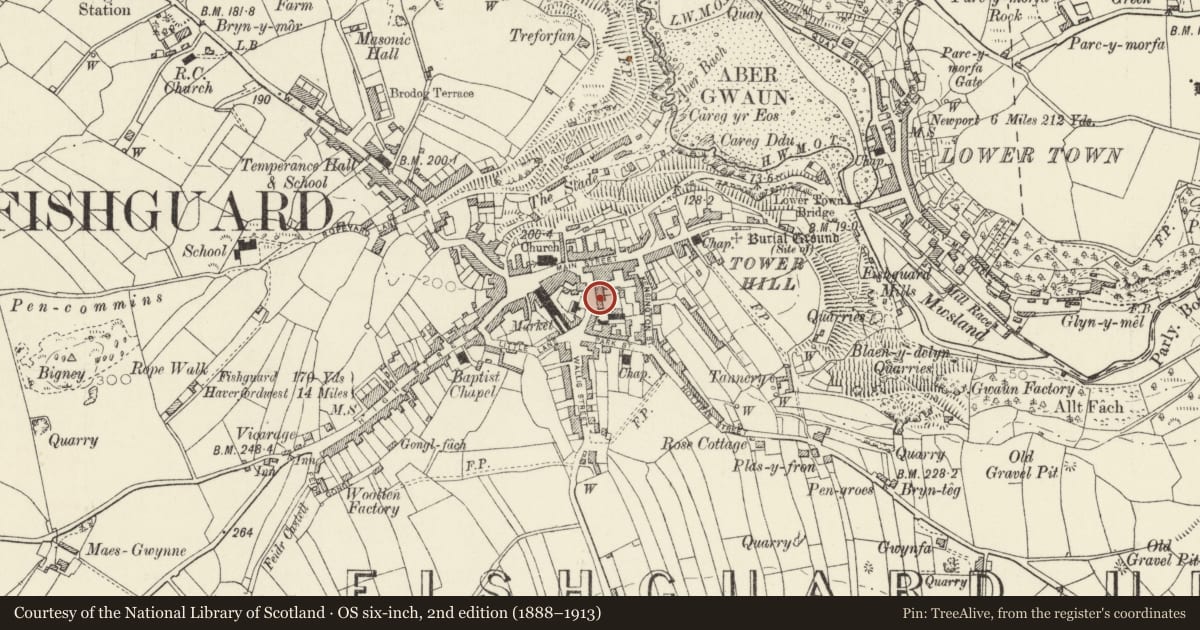 Ordnance Survey six-inch map, 2nd edition (1888–1913) covering the location of 13 Hamilton Street including area railings, Fishguard and Goodwick, Pembrokeshire, with a pin at the register's coordinates