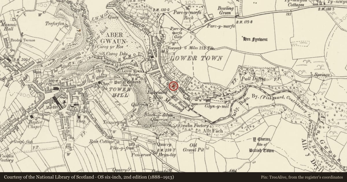 Ordnance Survey six-inch map, 2nd edition (1888–1913) covering the location of 22 Glyn-y-Mel Road, Fishguard and Goodwick, Pembrokeshire, with a pin at the register's coordinates