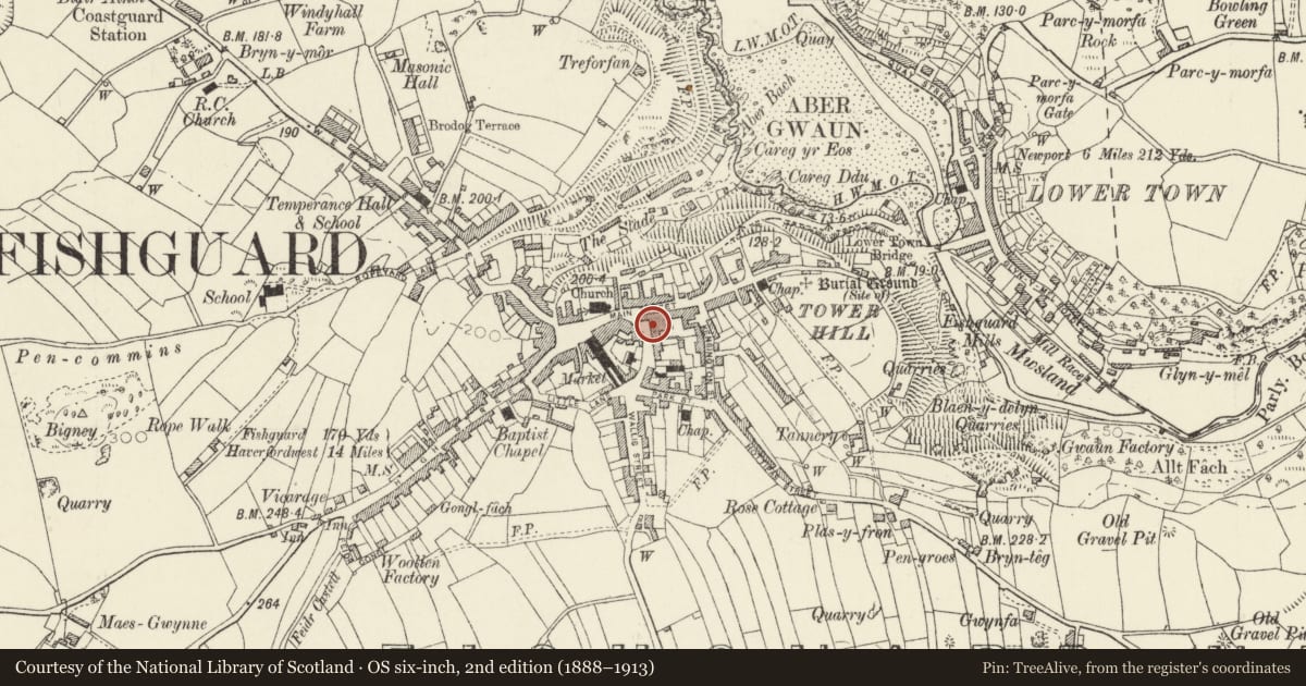 Ordnance Survey six-inch map, 2nd edition (1888–1913) covering the location of 3 Hamilton Street, Fishguard and Goodwick, Pembrokeshire, with a pin at the register's coordinates