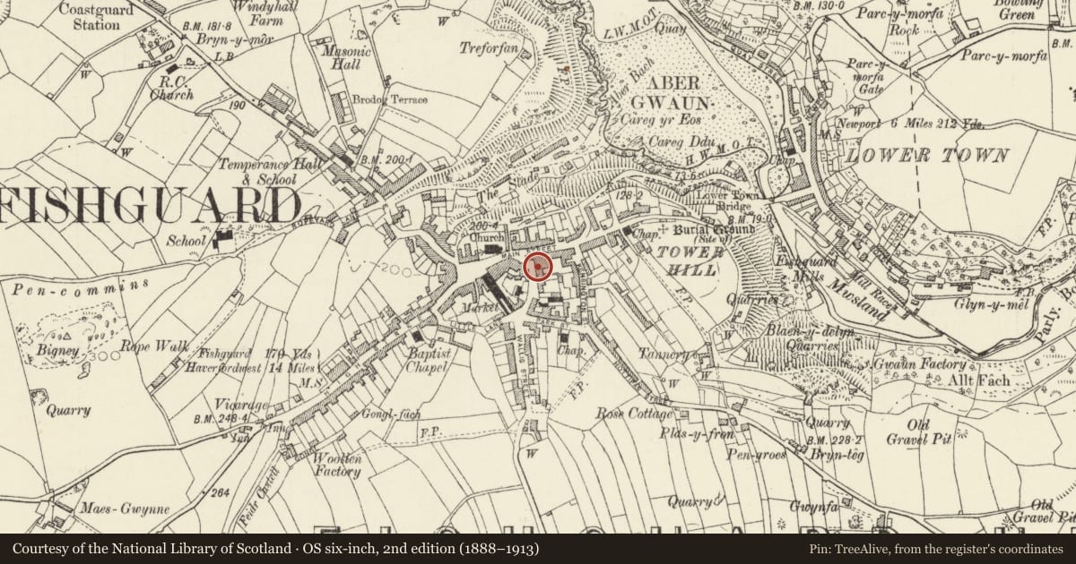 Ordnance Survey six-inch map, 2nd edition (1888–1913) covering the location of 5 Hamilton Street, Fishguard and Goodwick, Pembrokeshire, with a pin at the register's coordinates