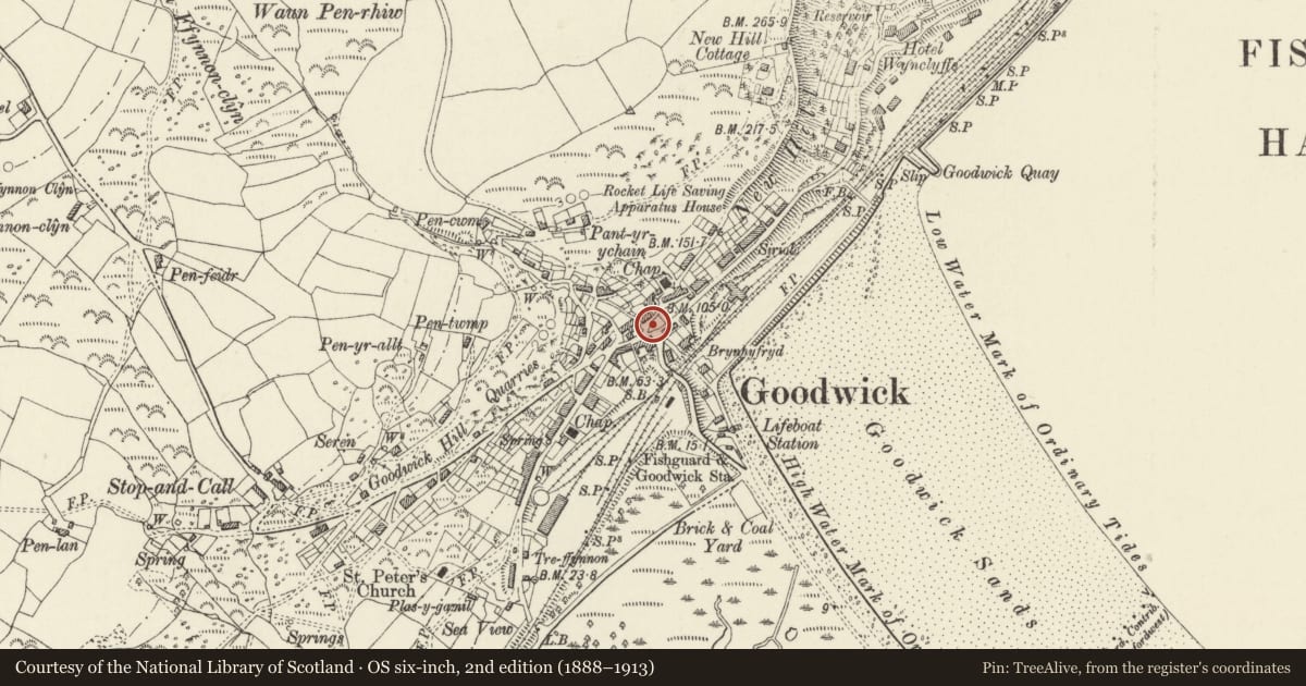 Ordnance Survey six-inch map, 2nd edition (1888–1913) covering the location of Lifeboat Memorial, Fishguard and Goodwick, Pembrokeshire, with a pin at the register's coordinates