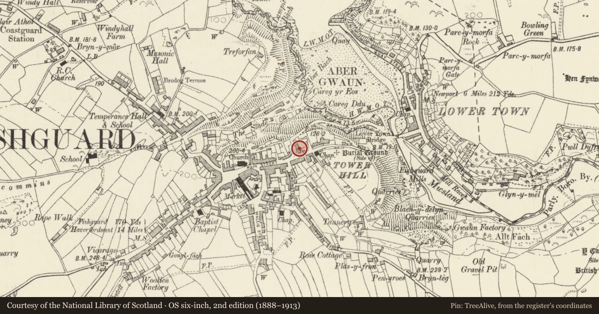 Ordnance Survey six-inch map, 2nd edition (1888–1913) covering the location of 5 Hill Terrace, Fishguard and Goodwick, Pembrokeshire, with a pin at the register's coordinates