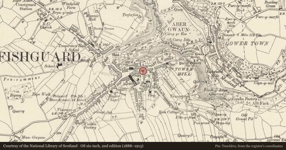 Ordnance Survey six-inch map, 2nd edition (1888–1913) covering the location of Ty Twt, Fishguard and Goodwick, Pembrokeshire, with a pin at the register's coordinates