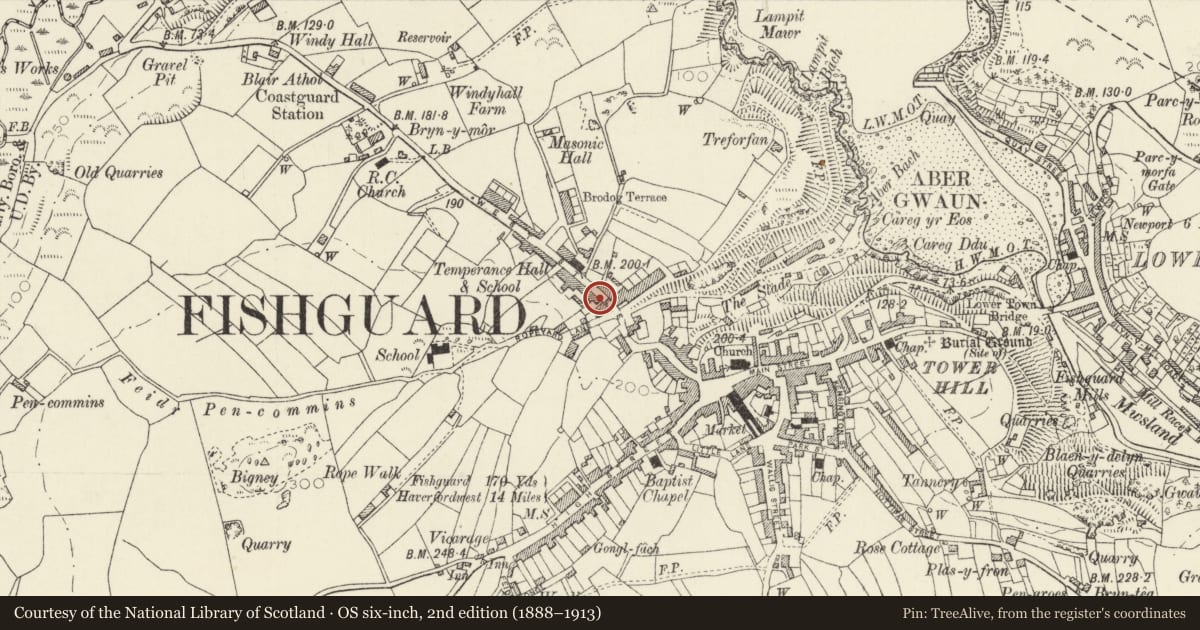 Ordnance Survey six-inch map, 2nd edition (1888–1913) covering the location of 37 West Street, Fishguard and Goodwick, Pembrokeshire, with a pin at the register's coordinates