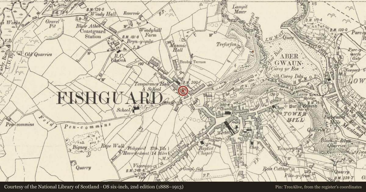 Ordnance Survey six-inch map, 2nd edition (1888–1913) covering the location of 41 West Street, Fishguard and Goodwick, Pembrokeshire, with a pin at the register's coordinates