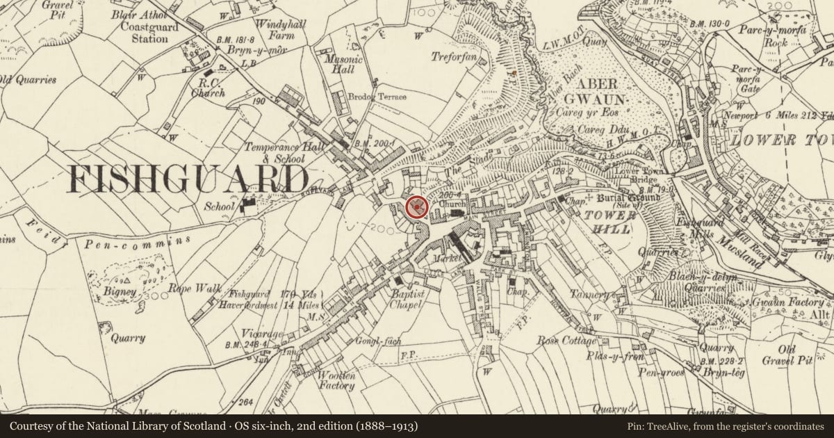 Ordnance Survey six-inch map, 2nd edition (1888–1913) covering the location of Halifax Building Society, Fishguard and Goodwick, Pembrokeshire, with a pin at the register's coordinates