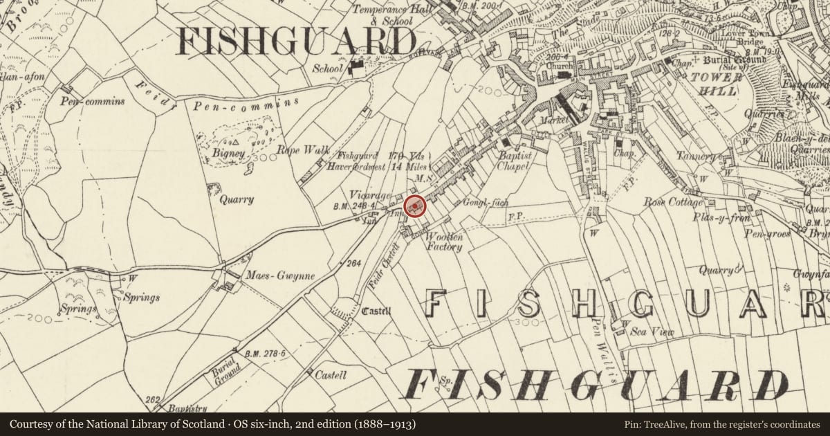 Ordnance Survey six-inch map, 2nd edition (1888–1913) covering the location of 73 High Street, including forecourt railings, Fishguard and Goodwick, Pembrokeshire, with a pin at the register's coordinates