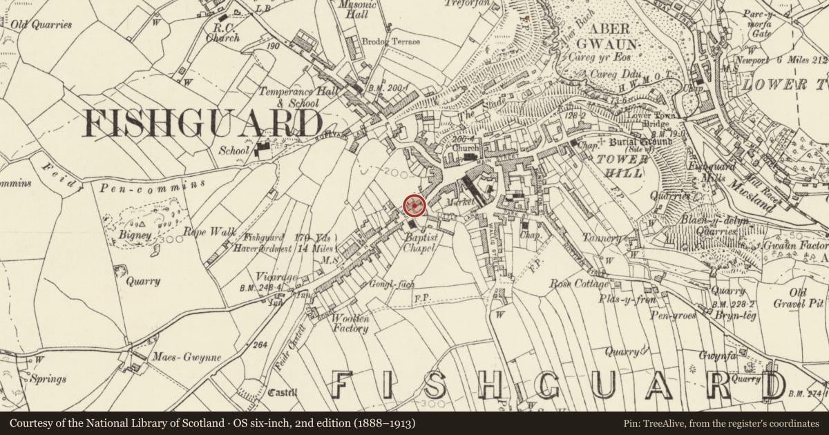 Ordnance Survey six-inch map, 2nd edition (1888–1913) covering the location of Bennett's Navy Tavern, Fishguard and Goodwick, Pembrokeshire, with a pin at the register's coordinates