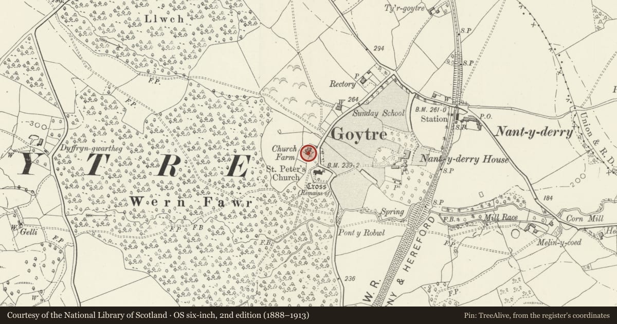 Ordnance Survey six-inch map, 2nd edition (1888–1913) covering the location of Church Farmhouse, Goetre Fawr, Monmouthshire, with a pin at the register's coordinates
