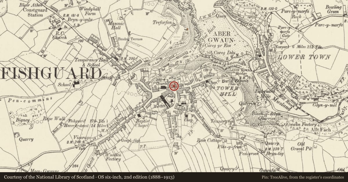 Ordnance Survey six-inch map, 2nd edition (1888–1913) covering the location of 7 Main Street including area railings, Fishguard and Goodwick, Pembrokeshire, with a pin at the register's coordinates