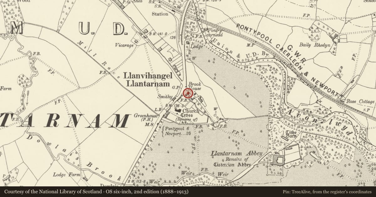 Ordnance Survey six-inch map, 2nd edition (1888–1913) covering the location of Brook House and railings, Llantarnam, Torfaen, with a pin at the register's coordinates