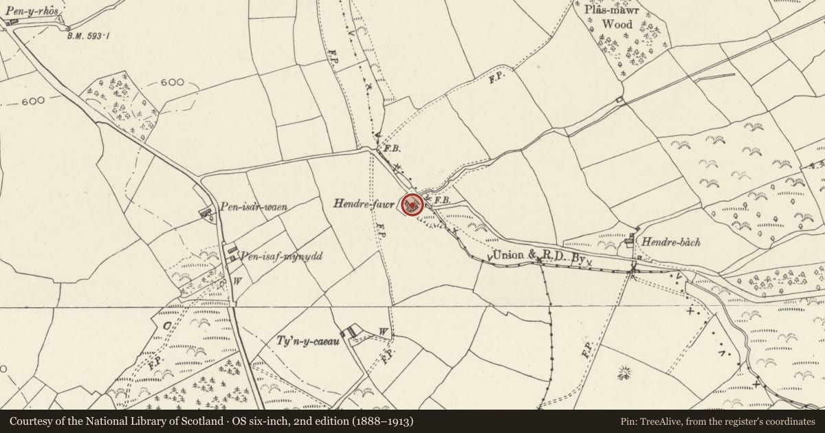 Ordnance Survey six-inch map, 2nd edition (1888–1913) covering the location of Hendre-fawr farmstead, Cwm, Denbighshire, with a pin at the register's coordinates
