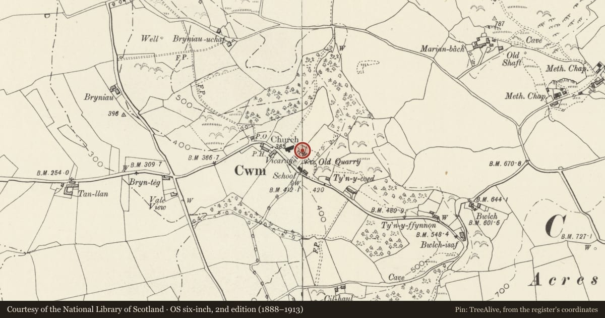 Ordnance Survey six-inch map, 2nd edition (1888–1913) covering the location of Stables at Ty Cerrig, Cwm, Denbighshire, with a pin at the register's coordinates