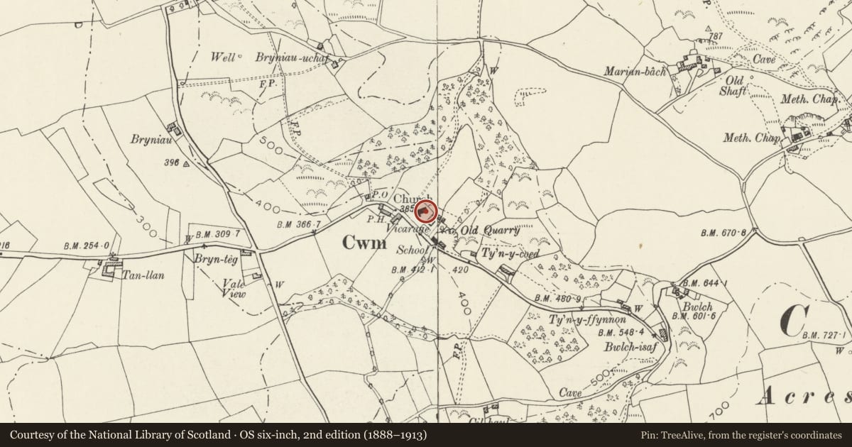 Ordnance Survey six-inch map, 2nd edition (1888–1913) covering the location of Hooded tomb in the churchyard of Saints Mael and Sulien, Cwm, Denbighshire, with a pin at the register's coordinates