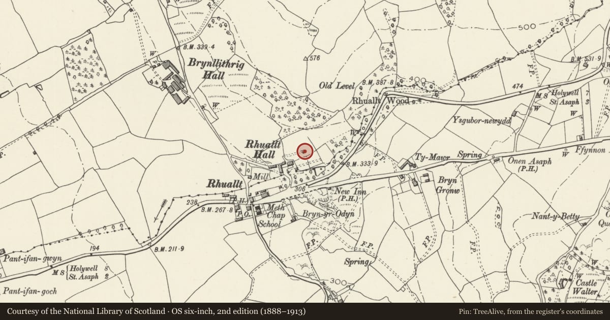 Ordnance Survey six-inch map, 2nd edition (1888–1913) covering the location of Dovecote at Rhuallt Hall, Cwm, Denbighshire, with a pin at the register's coordinates