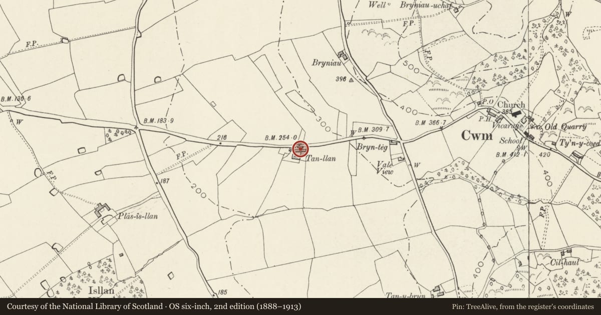 Ordnance Survey six-inch map, 2nd edition (1888–1913) covering the location of Tan-llan Farmhouse Range, Cwm, Denbighshire, with a pin at the register's coordinates