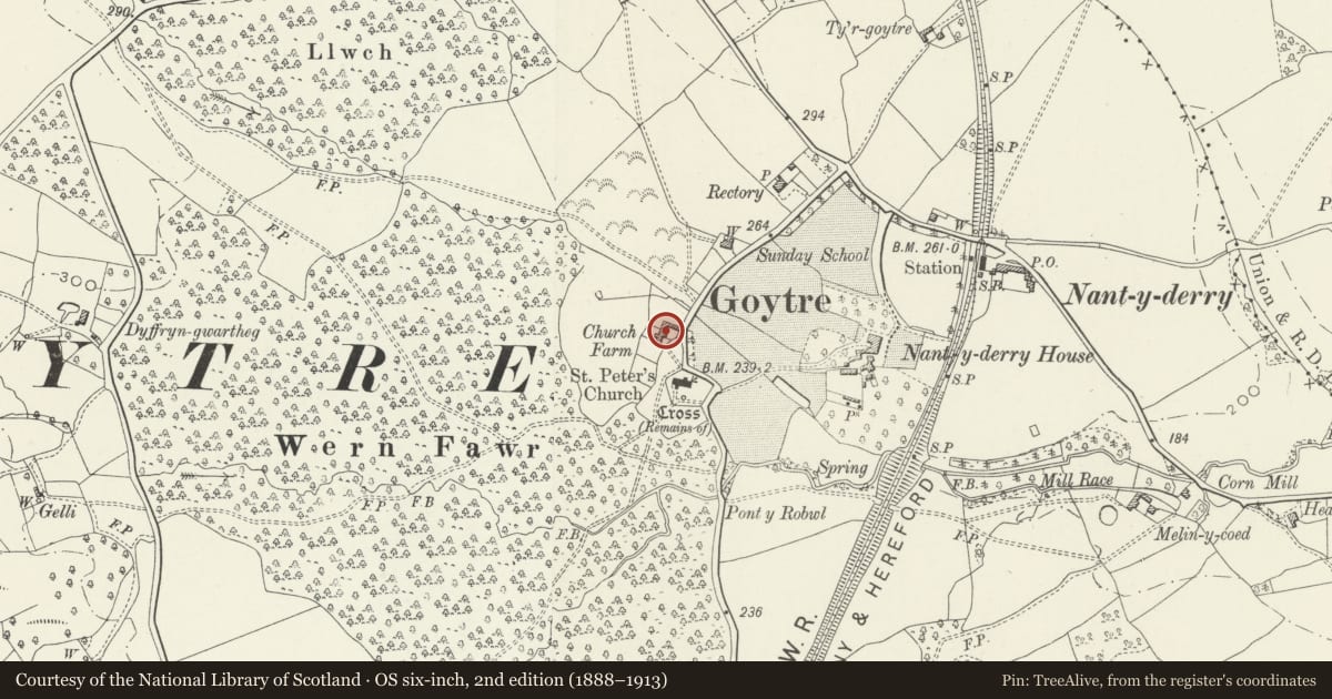 Ordnance Survey six-inch map, 2nd edition (1888–1913) covering the location of Barn at Church Farm, Goetre Fawr, Monmouthshire, with a pin at the register's coordinates