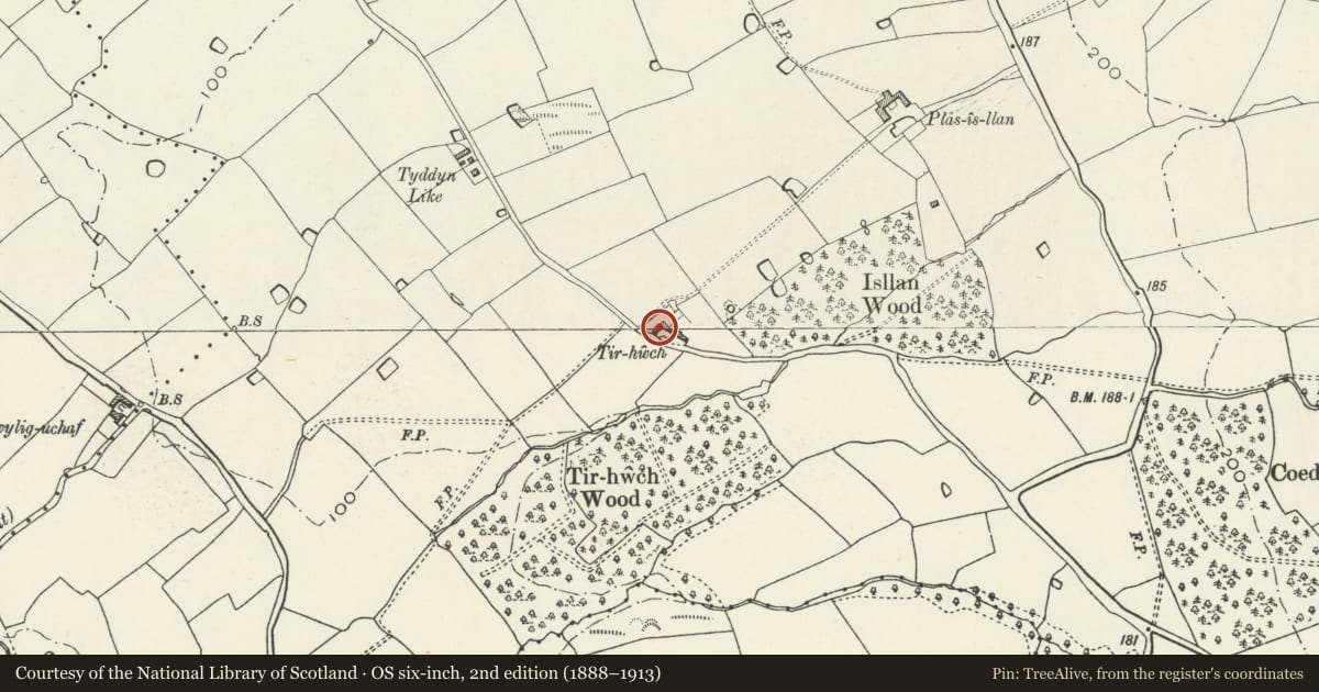 Ordnance Survey six-inch map, 2nd edition (1888–1913) covering the location of Tir-hwch Farmhouse, Cwm, Denbighshire, with a pin at the register's coordinates